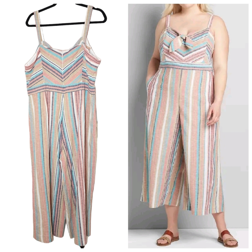 Lane Bryant linen-blend striped cropped sleeveless jumpsuit. Pockets  Size 18.